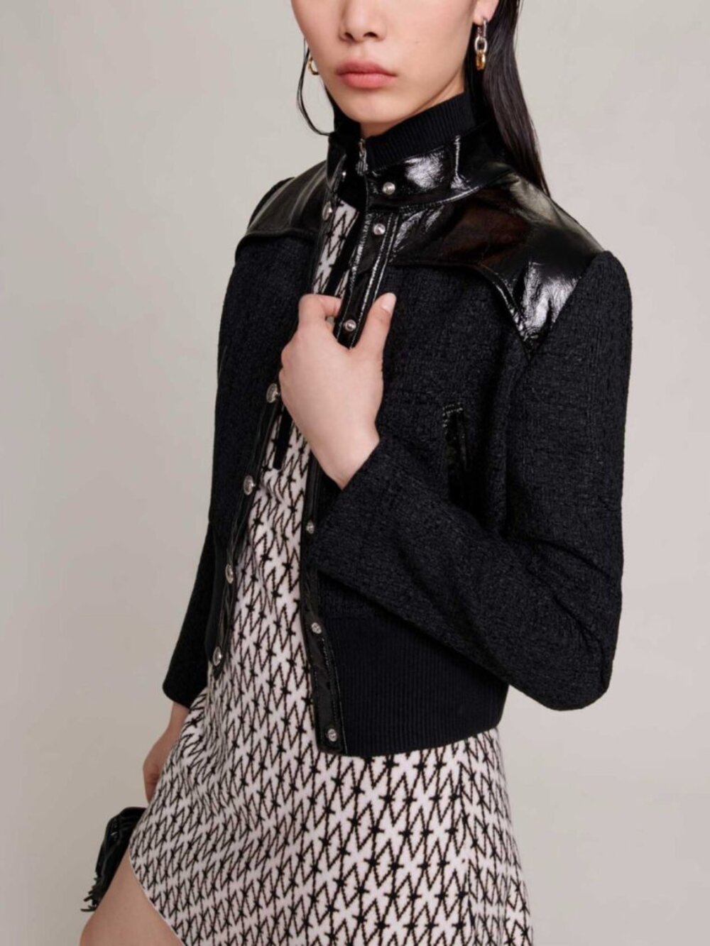 Maje Tweed and Vinyl Jacket in Black